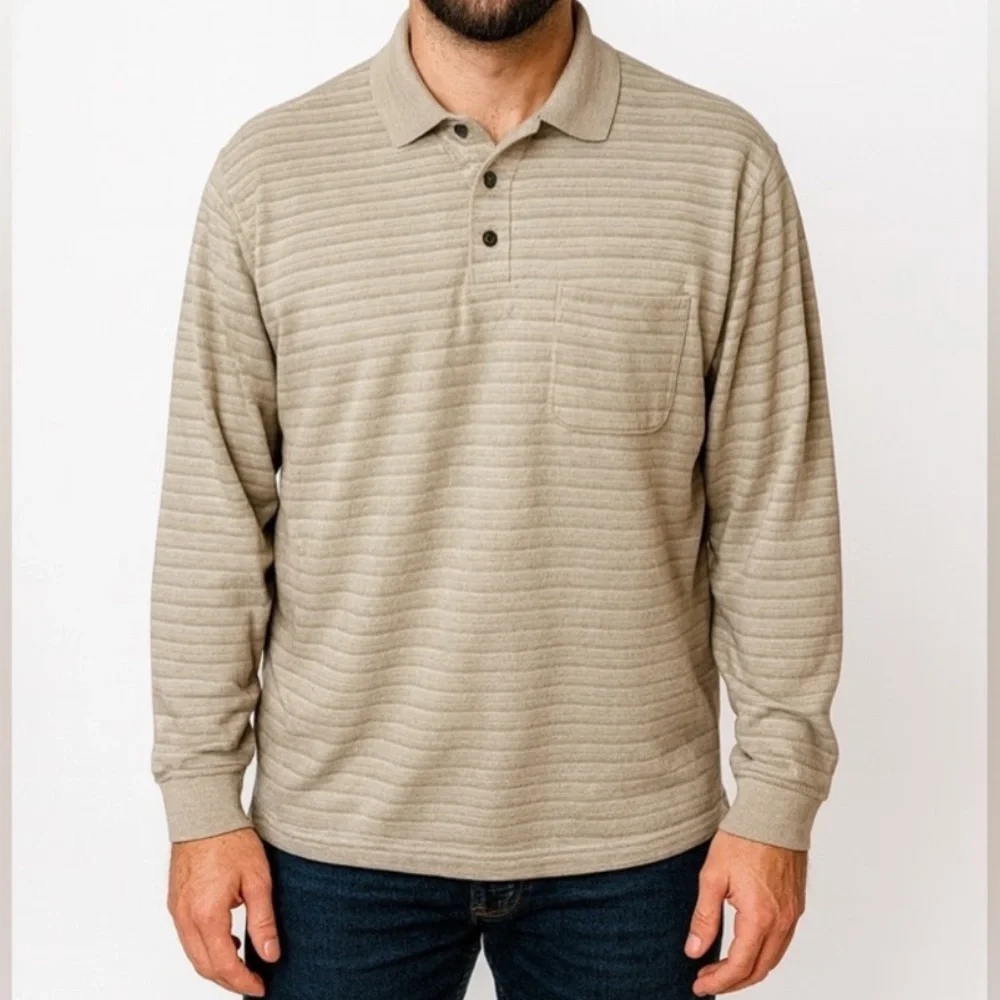 Van Heusen Men’s Long Sleeve Polo Shirt Beige Size Large